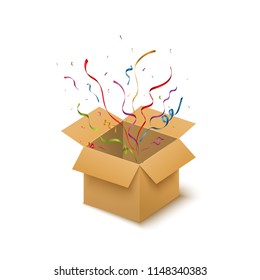 
Open box on white background. Vector illustration. Confetti fly out of the box. Explosion confetti, light.