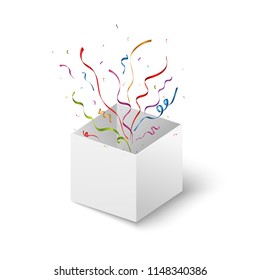 
Open box on white background. Vector illustration. Confetti fly out of the box. Explosion confetti, light.