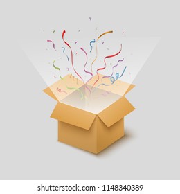 
Open box on white background. Vector illustration. Confetti fly out of the box. Explosion confetti, light.