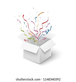
Open box on white background. Vector illustration. Confetti fly out of the box. Explosion confetti, light.