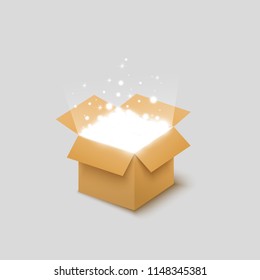 
Open box on white background. Vector illustration. Light out of the box.