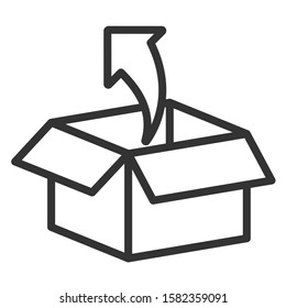 open box with out arrow outline vector icon isolated on white background. Packaging box icon for web, mobile apps and ui design. Express delivery and global logistics business concept