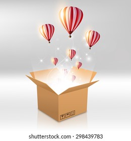 open box with the outgoing light and hot air balloon. Vector