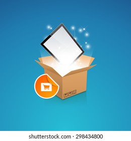 open box with the outgoing light and smart phone/tablet, Vector Eps 10