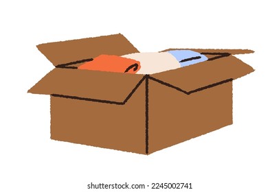 Open box with packed stuff, personal belongings. Unpacking carton pack with clothes, apparel. Cardboard parcel with items for storage and moving. Flat vector illustration isolated on white background