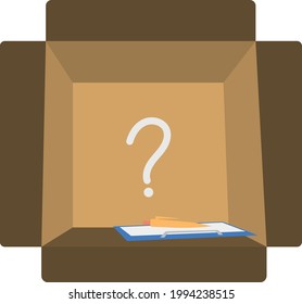 an open box for packing the parcel in which there is a form and a pen for signing and a question mark is also depicted
