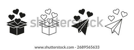 Open Box And Paper Plane With Hearts Line And Solid Icon Set. Love, Surprise, And Communication Symbol Collection. Expressing Affection And Sending Messages. Isolated Vector Illustration.