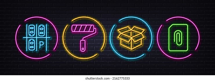 Open box, Parking place and Paint roller minimal line icons. Neon laser 3d lights. Attachment icons. For web, application, printing. Delivery package, Transport, Painter brush. Attach document. Vector