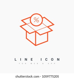 Open box with percent line vector icon