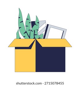 Open box with personal belongings 2D cartoon object. Snake plant, picture frame. Leaving job. Cardboard filled with office items isolated element flat vector clip art on white. Spot illustration