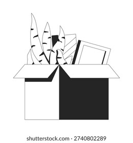 Open box with personal belongings 2D line object. Snake plant, picture frame. Leaving job. Cardboard filled with office items isolated clipart vector ink outline item. Monochrome spot illustration