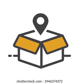Open box with pin indicating location, icon.