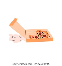 Open box with pizza, cartoon style vector illustration isolated on white background. Cardboard package with half-eaten pizza inside, junk unhealthy fast food. Tasty snack for lunch, food design icon