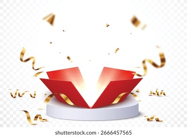 Open box with podium and confetti