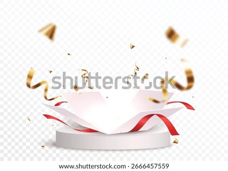 Open box with podium and confetti