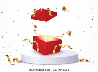 Caja abierta con podio y confeti, elemento de diseño para celebraciones y Anuncio publicitario
