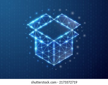 Open box polygonal symbol with binary code background. Delivery concept design vector illustration. Blue Giftbox low poly symbol with connected dots