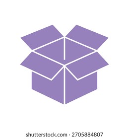 Eine offene Box in violettem Farbton, dargestellt als einfaches, flaches Symbol. Einzeln auf transparentem Hintergrund bietet es ein sauberes, vielseitiges Gestaltungselement.