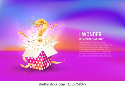 Open box with question sign and confetti explosion inside and on colorful liquid background. Mystery giftbox vector illustration web banner