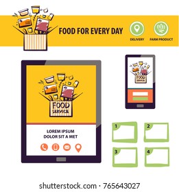 Open box with recipe ingredient. Concept template image for fast food delivery. Homemade cuisine for home, office. Element design banner, poster, logo for service company.