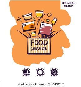 Open box with recipe ingredient. Concept template image for fast food delivery. Homemade cuisine for home, office. Element design banner, poster, logo for service company