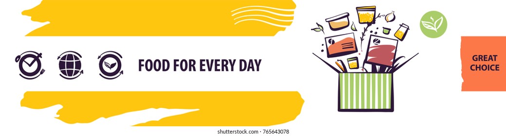 Open box with recipe ingredient. Concept template image for fast food delivery. Element design banner, poster, logo for service company. Homemade cuisine for home, office

