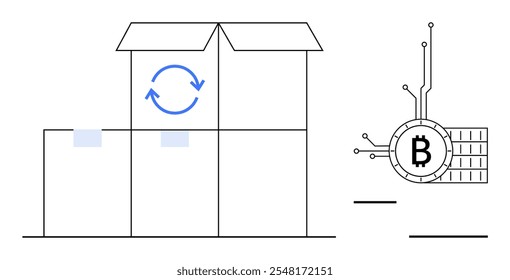 Open box with recycle symbol and closed boxes next to digital Bitcoin logo with electronic circuits. Ideal for shipping, sustainability, cryptocurrency, logistics, technology. Minimalist line art