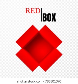 Open box, red cardboard, vector container.
