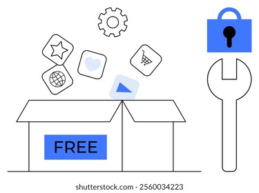 Open box releasing various icons like star, heart, shopping cart and globe. Next to it is a wrench with a blue padlock on top. Ideal for technology tools, free resources, security, app development