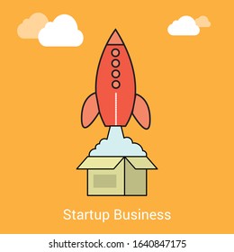 Open box and from it the rocket takes off. Startup or new idea concept