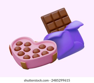 Open box of round chocolate candies, chocolate bar. Concept of luxury sweets of various types