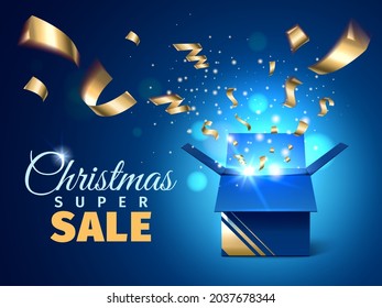 Cartel de venta de la caja abierta. Banner de descuento de Navidad