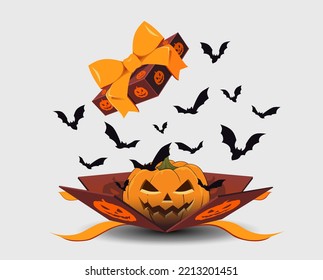 Open box with scary pumpkin and halloween style bats. Halloween celebration creative concept design. Illustration for the holiday.