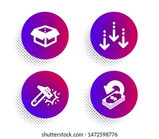 Open box, Scroll down and Hammer blow icons simple set. Halftone dots button. Cashback sign. Delivery package, Swipe screen, Crash tool. Financial transfer. Technology set. Vector