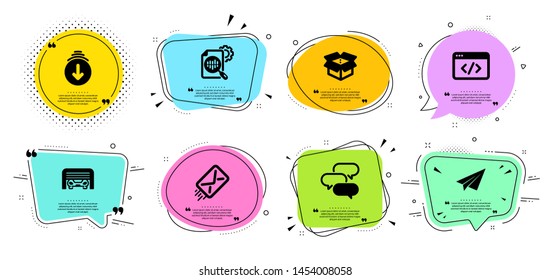 Open box, Seo script and Scroll down line icons set. Chat bubbles with quotes. Paper plane, Seo stats and Parking garage signs. Talk bubble, E-mail symbols. Delivery package, Programming. Vector