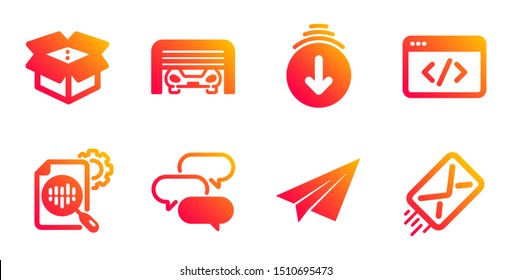 Open box, Seo script and Scroll down line icons set. Paper plane, Seo stats and Parking garage signs. Talk bubble, E-mail symbols. Delivery package, Programming. Technology set. Vector
