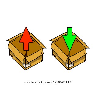 Open box. Set of cardboard containers. An empty package. Parcel and mail. Red and green arrow for packing and unpacking. Scheme of action.