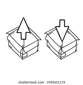 Open box. Set of cardboard containers. An empty package. Parcel and mail. Red and green arrow for packing and unpacking. Scheme of action.