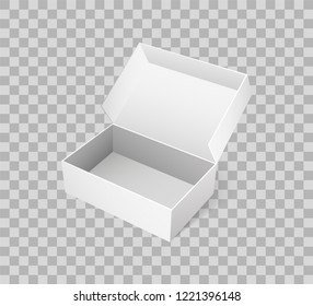 Open box for shoes storage. Empty container made of carton, pack for goods delivery, blank packaging parcel of rectangular shape vector on transparent