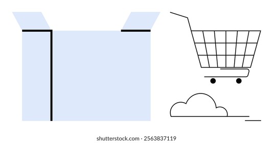 An open box and a shopping cart. Ideal for online shopping, e-commerce, shipping, delivery services, and retail businesses. Black and blue minimalistic style