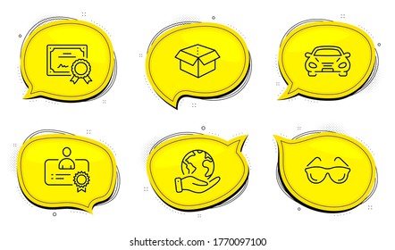 Open Box Sign. Diploma Certificate, Save Planet Chat Bubbles. Car, Certificate And Eyeglasses Line Icons Set. Transport, Best Employee, Optometry. Delivery Package. Business Set. Vector