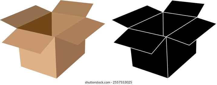 Open Box, Silhouette Icon, Parcel Symbol Collection. Cardboard Package Black and Color Pictogram. Cargo Pack, Post Delivery Service Sign.