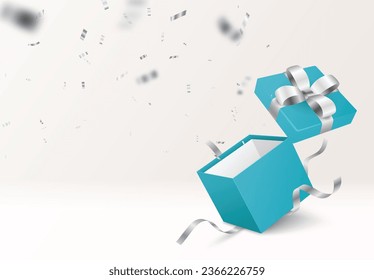 Open box with silver confetti and ribbon