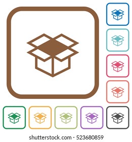 Open box simple icons in color rounded square frames on white background