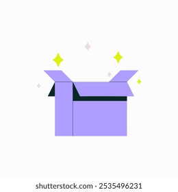 Caixa Aberta Com Brilhos Em Ilustração De Vetor Plano Simbolizando Unboxing, Excitação E Entrega Surpresa, Isolada Em Fundo Branco