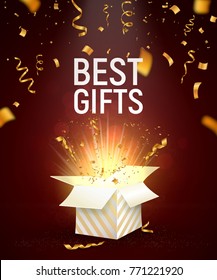 Open box with splashed confetti on dark background. Template banner for celebration vector illustration.  