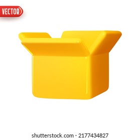 Open box the square form. Cardboard packing. Realistic 3d design In plastic cartoon style. Yellow Icon isolated on white background. Vector illustration