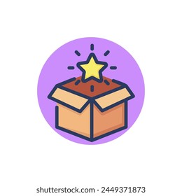 Open box with star line icon. Order delivery, customer award, bonus outline sign. Loyalty program, benefit, marketing concept. Vector illustration for web design and apps