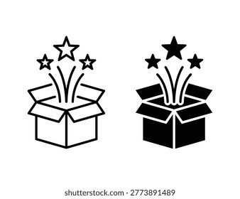 Open box with star line and solid icon set. Magic box icon symbol collection. Surprise box with stars icon set. Gift, Reward, and Special Offer concept