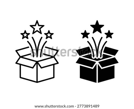 Open box with star line and solid icon set. Magic box icon symbol collection. Surprise box with stars icon set. Gift, Reward, and Special Offer concept